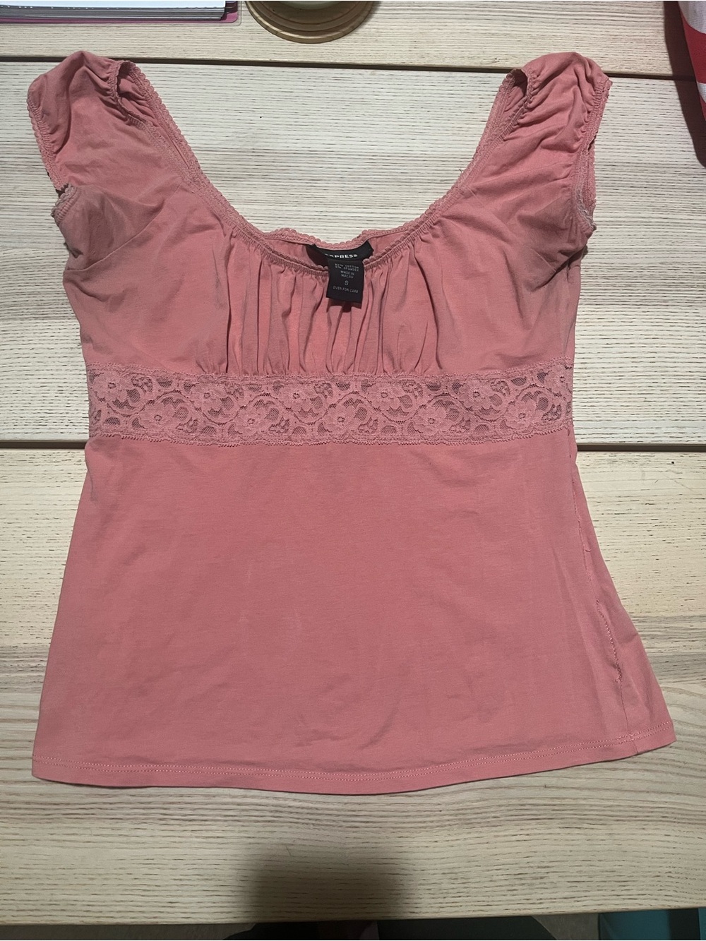 Express vintage Y2K dusty pink milkmaid babydoll top lace cap sleeve